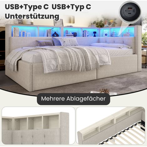Canapé convertible 90x200 cm, banquette-lit avec ports USB-C, coffre de rangement hydraulique, compartiments intégrés, éclairage LED RGB, sans matelas, housse et drap inclus, teinte beige (1/5)
