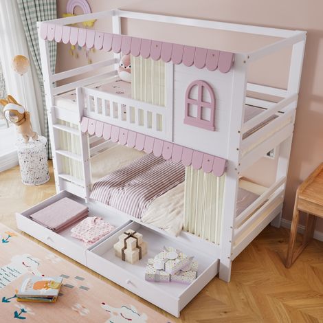 Litera 90x200 cm madera blanco/rosa, ahorro de espacio, infantil, sin colchón FloraGrace (1/5)