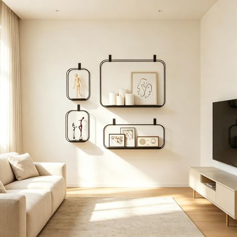 Juego de 4 estantes de pared de estilo industrial, estantes flotantes geométricos de metal, panel de pared para sala de estar y oficina (solo estantes de pared). (1/5)