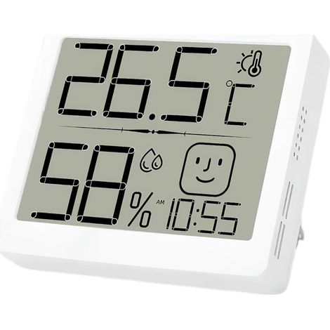 Digitales Thermo-Hygrometer für den Innenbereich mit Wecker, Thermometer, Feuchtigkeitsanzeige, Display mit Emojis, Maximal-/Minimalwertaufzeichnung und Wandhalterung.