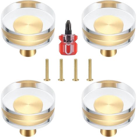 Set of 4 Clear Crystal and Brass Door Knobs for Cabinets, Drawers, Cupboards and Furniture - 30x27 mm (30x27 mm)
