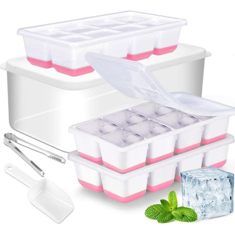 Ensemble de 3 moules à glaçons en silicone, bac à glaçons carré, avec pince à glaçons, pelle à glaçons et boîte de rangement, rose. (1/5)