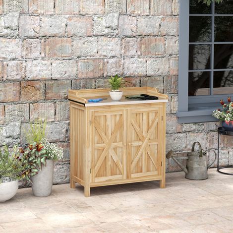 Table de jardinage/meuble de rangement avec 2 étagères, plateau galvanisé et pieds antidérapants en bois de sapin. (1/5)
