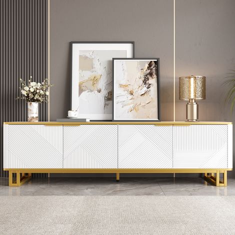 Mueble TV 160x37.5x48 cm blanco en MDF con 4 puertas, relieve geométrico y estructura metálica (1/5)