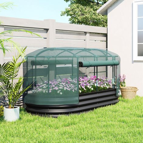 Carré potager de jardin avec cage de protection, jardinière surélevée en acier galvanisé, 180 x 90 x 93 cm, gris et vert (1/5)