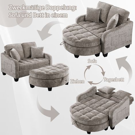 Canapé convertible 2 en 1 avec rangement intégré, pouf en tissu respirant et doux, structure en bois d'eucalyptus durable, idéal pour petit espace, salon, bureau ou chambre, teinte marron. (1/5)