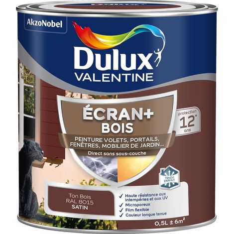 ECRAN+ BOIS - Peinture satinée pour bois extérieur - Volets, portes, fenêtres, portails - Ton Bois 0,5 L - Dulux Valentine