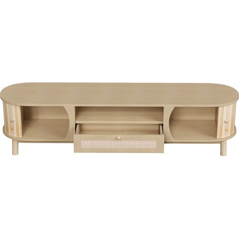 Meuble TV avec portes et tiroirs. Meuble TV en rotin, portes en bois massif, solution de rangement style maison de campagne – façade basse.