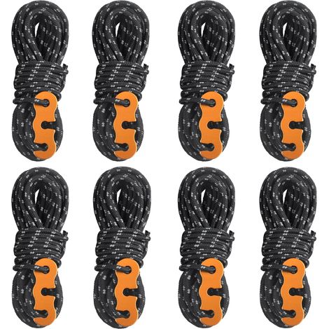 Cordoncino riflettente da 3 mm, lungo 4 metri, leggero, con robusto tenditore in alluminio per il fissaggio dei teloni, imballo esterno (nero - 8 pezzi). (1/5)