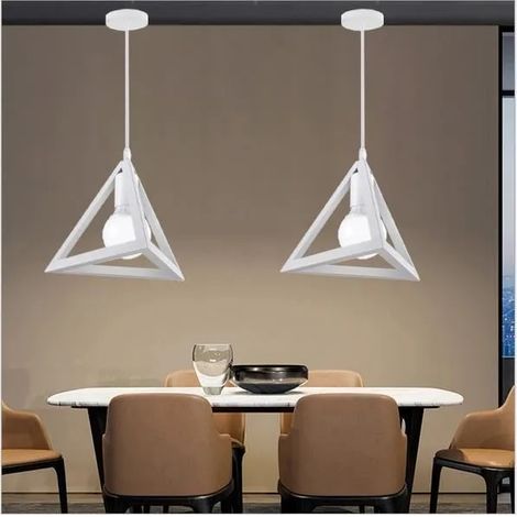 2x Lampe Suspension en Forme Triangle Métal Industrielle Blanc Plafonnier Luminaire Style Vintage pour Salon Chambre (1/4)