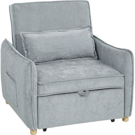 Poltrona Letto 3 in 1 con Schienale Reclinabile e Cuscino 88x84x87 cm Rivestimento in Ciniglia Grigio (1/5)