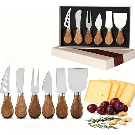 Ein Set aus 6 Käsemessern mit Griffen aus Akazienholz, einem Butterschneider aus Edelstahl, geeignet für Weichkäse, geschnittenen Käse, Kuchen, Desserts und Pralinen. (1/5)