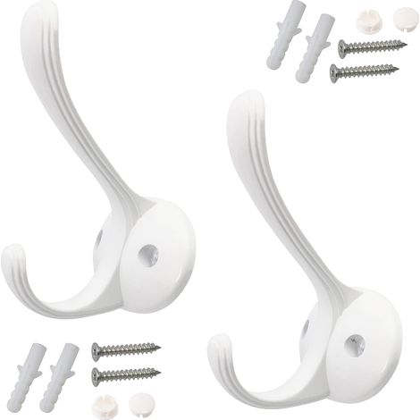 Lot de 2 Patères murales doubles 105x65x75 mm entraxe 36 mm - crochet/cintre porte-manteau chapeau peignoir salle de bain serviette douche WC - en métal - couleur blanche (1/5)