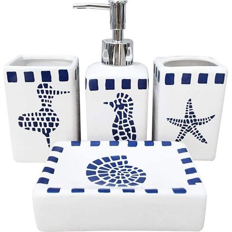 Lot de 4 accessoires de salle de bain en céramique - Design moderne - Bouteilles de lotion, porte-brosse à dents, gobelet, distributeur de savon (créatures aquatiques) (1/5)