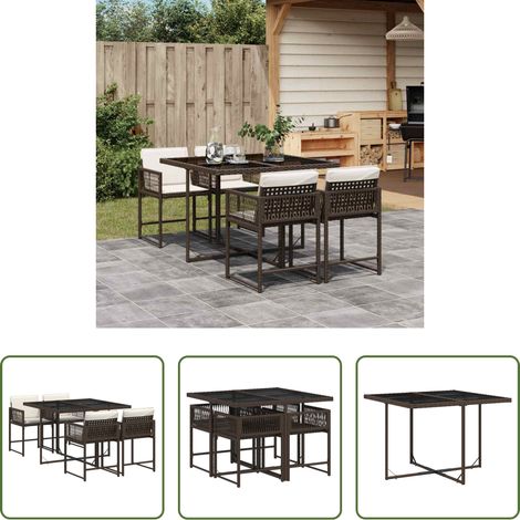vidaXL Gartenstuhl - 5-tlg. Garten-Essgruppe mit Kissen Braun Poly Rattan (1/5)