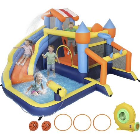 8-in-1 aufblasbare Burg mit Wasserrutsche, Trampolin und Bällebad, mehrfarbiger aufblasbarer Spielplatz