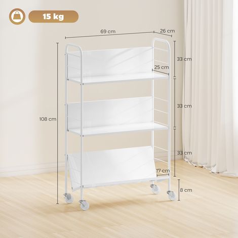 Étagère à livres/rangement à 3 niveaux, à roulettes, étagère à jouets pour chambre, 69 x 26 x 108 cm, blanche (1/5)