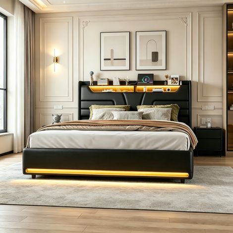 Großes Bett 160x200 cm mit Stauraum, Kopfteil mit verstellbarer LED-Beleuchtung und USB-Ladeanschluss, pneumatischer Gasdruckfederung, PU-Leder, schwarz