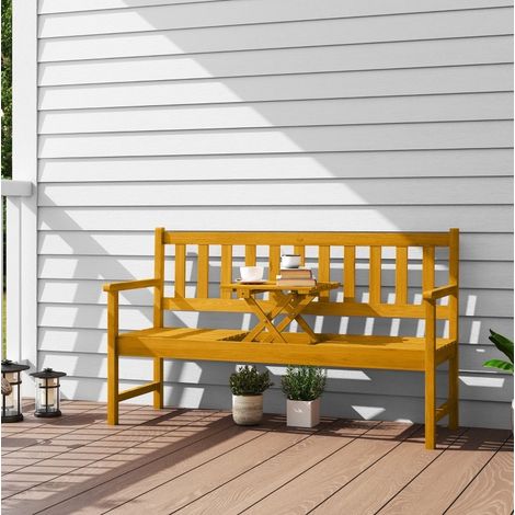 Banc de jardin en bois teak 149x56,5x89 cm, 2-3 places avec dossier, accoudoirs et tablette centrale rabattable (1/5)