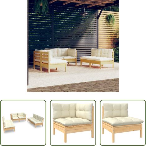 Terrassensofa - 6-tlg. Garten-Lounge-Set mit Creme Kissen Massivholz Kiefer (1/5)