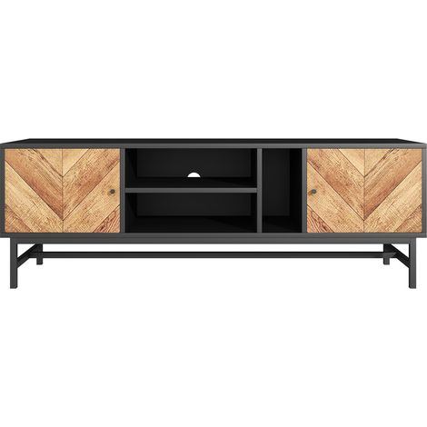Mueble TV de 150 cm en negro y efecto madera con 2 armarios y almacenamiento abierto (1/5)