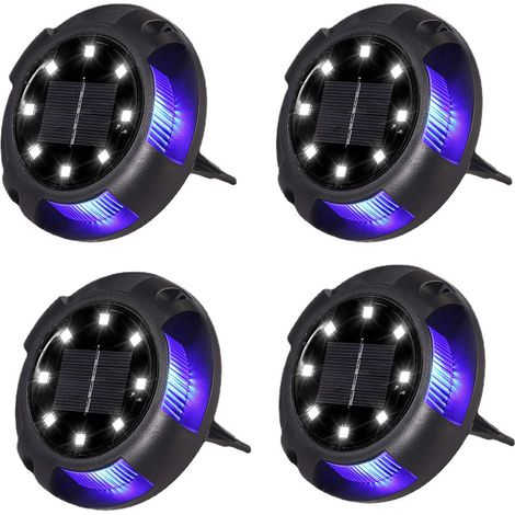 Lot de 4 Bornes Solaires Encastrées Extérieur - 8 LEDs Blanc + 4 LEDs Bleu - Étanches - pour Allée, Aire de Stationnement, Paysage, Jardin, Terrasse, Pelouse, Cour (1/5)