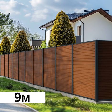Kit Clôture Bois Composite Teck 9x1,8m SANTOS - Poteaux en Aluminium Gris - Brise Vue - Palissade