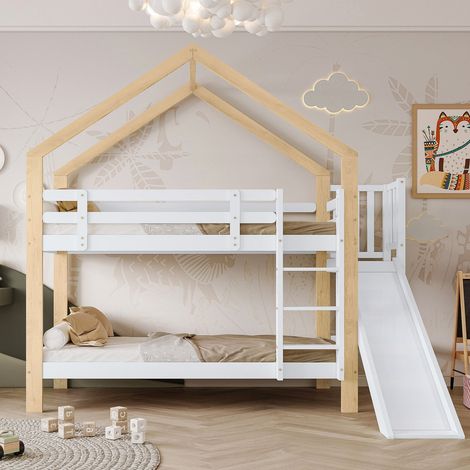 Lit superposé 90x200 cm avec toboggan, échelle en angle à 3 marches, barrière de sécurité, et cadre en bois massif blanc et naturel (1/5)