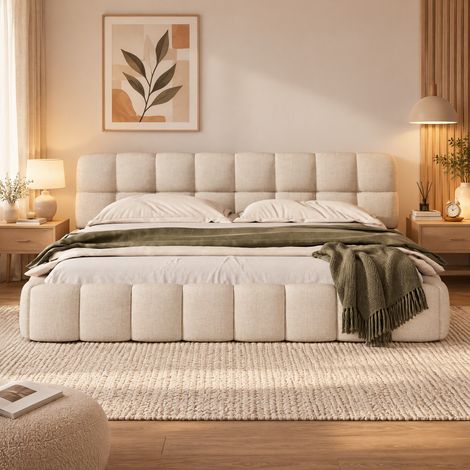Lit capitonné 140x200 cm, Lit double avec sommier, Tête de lit rembourrée, Tissu en lin, Beige (1/5)