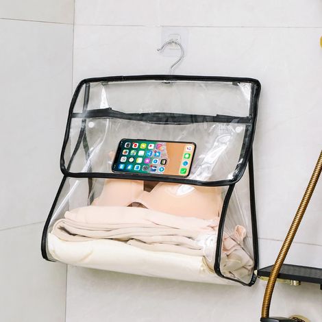 Sac de rangement transparent pour salle de bain, imperméable et anti-poussière, à suspendre pour vêtements et articles de toilette, grande capacité, noir (1/5)