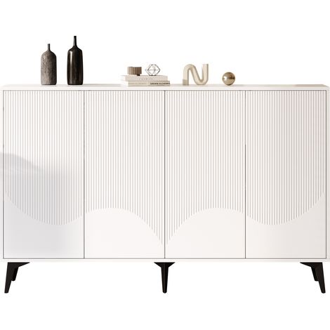 =N625P210458459W) Buffet blanc de 160 cm de largeur, meuble multifonctionnel, commode, bahut haut avec étagères réglables, 4 portes, pieds métalliques