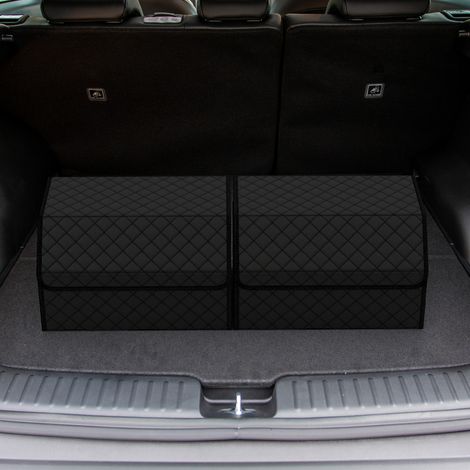 Organisateur de Coffre de Voiture en Cuir avec Couvercle Boîte de Rangement Pliable avec Séparateur Amovible Capacité Matelassé 35L Noir (1/3)
