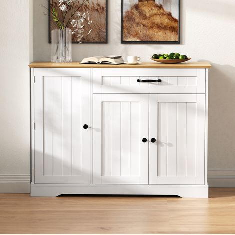 Buffet blanc/naturel en MDF avec 3 portes et 1 tiroir, style moderne scandinave (1/5)