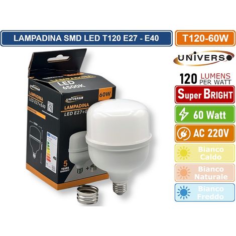 UNIVERSO T120-60W LAMPADINA SMD LED E27 + ADATTATORE E40 60W TUBOLARE T120 7300 LUMEN - 3000K - 4000K - 6500K - Colore Luce:Bianco Freddo (1/3)