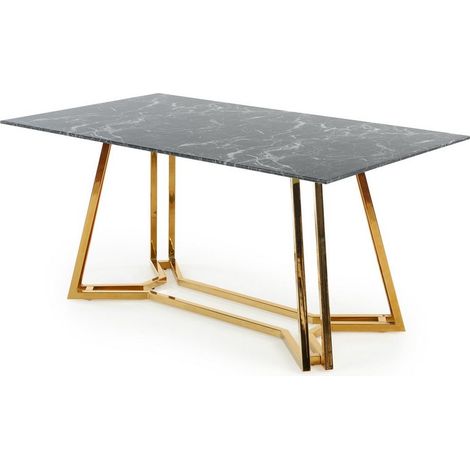 Table de salle à manger avec plateau en verre aspect marbre noir et piètement en métal doré CLYTIA (1/5)
