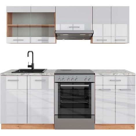 Cucina componibile R-Line, Bianco lucido/oro power oak, 200 cm , PL Marmo, Vicco