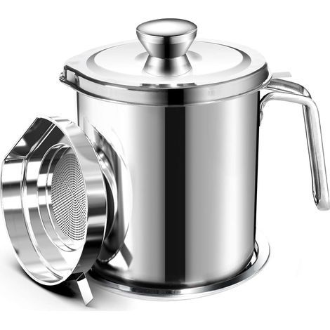 Olla para almacenar grasa, fabricada en acero inoxidable, con un recipiente de 2 litros, tapa antipolvo para colador de malla fina y placa antideslizante para almacenar aceite de freír. (1/5)