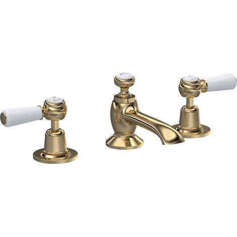 Hudson Reed Topaz Lever 3-Hole Basin Mixer Tap Deck Mounted with Pop Up Waste - Brushed Brass