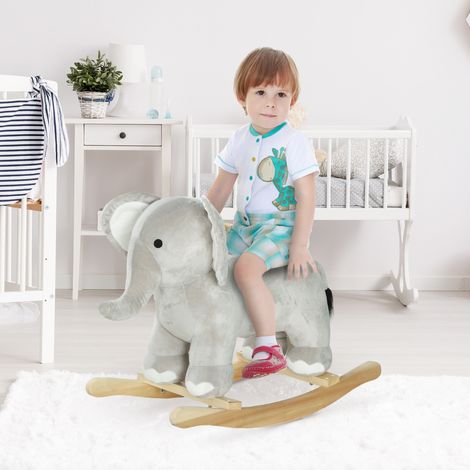 Cheval Bascule Enfants Forme Éléphant Son Charge Base Article Enfant 2 à 4 ans Bois Gris 40 kg 64,5x31x52cm