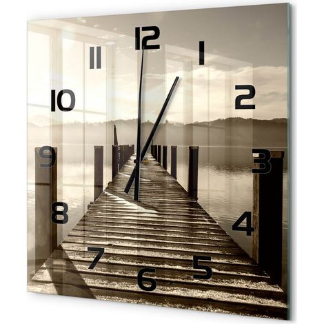 Grande Horloge Murale Carrée Déco Salon Verre Trempé Silencieuse Design Contemporain Pont en bois 60x60 cm (1/5)
