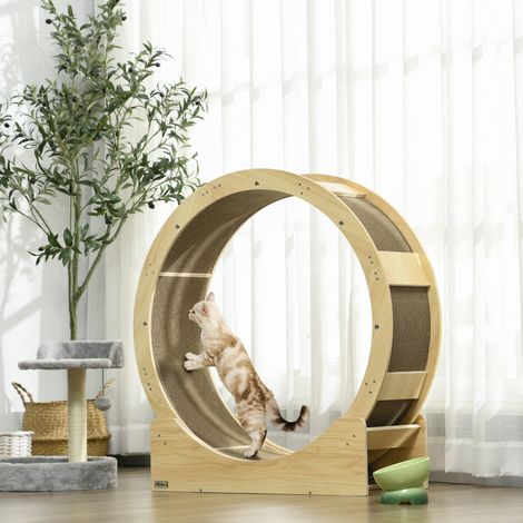 Rueda para gatos de 91 cm con freno y rascador, madera color roble HAVRYA (1/4)