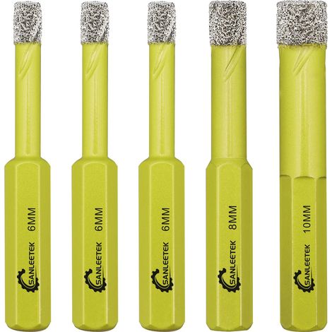Foret Diamant Sec Set 5 pièces 6/6/6/8/10mm Trépan Diamant avec Queue Hexagonale pour Céramique Porcelaine Granit Marbre Quartz Pierre Artificielle (1/5)