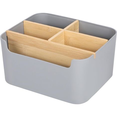 Organiseur de bureau en bambou 5 compartiments avec porte-stylos, gris (1/5)