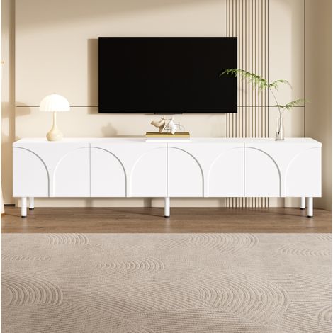 Mueble TV blanco 180 x 35 x 49 cm con 4 puertas, 2 espacios de almacenaje, patas de metal (1/5)