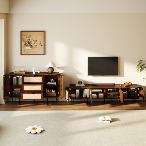 Set mobile TV e madia con frontali effetto rattan, MDF, piedi in metallo, noce, 180/120 cm OKWISH (1/5)
