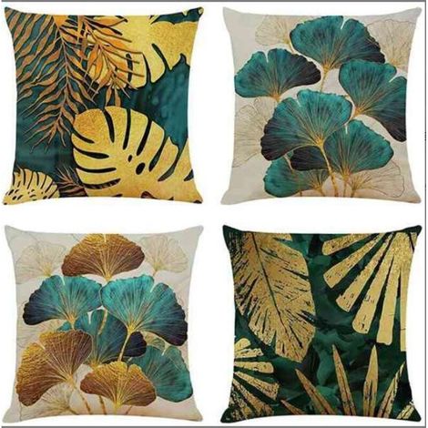 Set of 4 Square Cushion Covers with Green and Gold Leaf Pattern, Linen Sofa Cushion Covers for Living Room Sofa Pillowcases, 45x45CM (1/4)