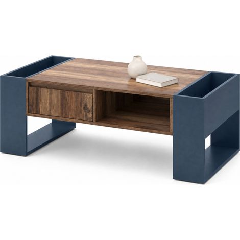 Tavolino da salotto effetto legno con cassetto senza maniglia, doppio vano contenitore e ampio spazio laterale, colore nero e grigio, CHICFURN (1/5)