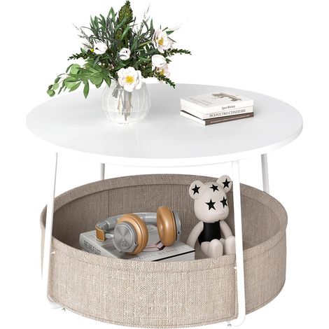 JF HOME BLISS Round Side Table with Storage Basket 2-Tier Coffee Table for Living Room Bedroom Sturdy & Easy Assembly, Modern Design White (1/5)