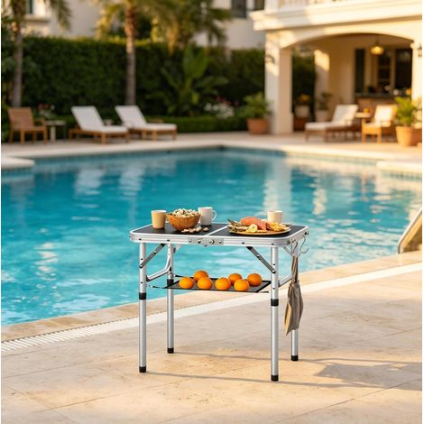 Mesa de camping plegable ajustable 60 x 40 cm, con red de almacenamiento, negra HAVRYA (1/5)
