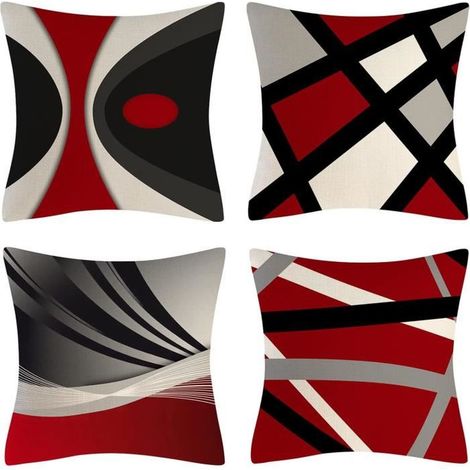 Housse De Coussin -  - Abstrait Noir Rouge - Géométrique Moderne - Lot De 4